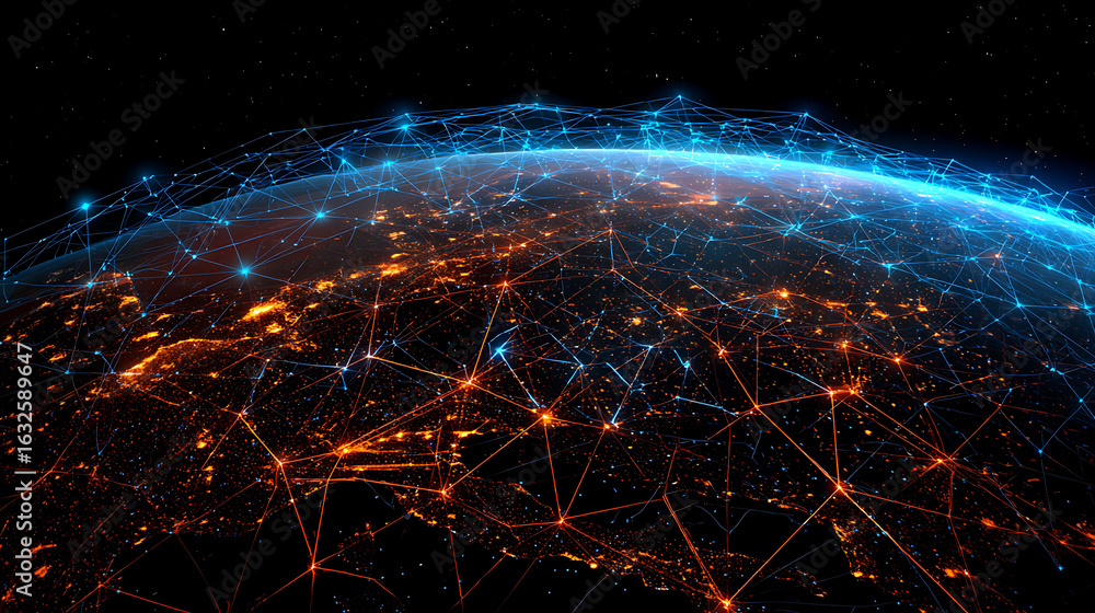 Fototapeta premium Global network connections illuminate planet earth at night lights