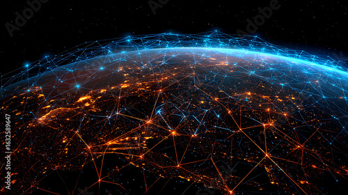 Fototapeta Naklejka Na Ścianę i Meble -  Global network connections illuminate planet earth at night lights