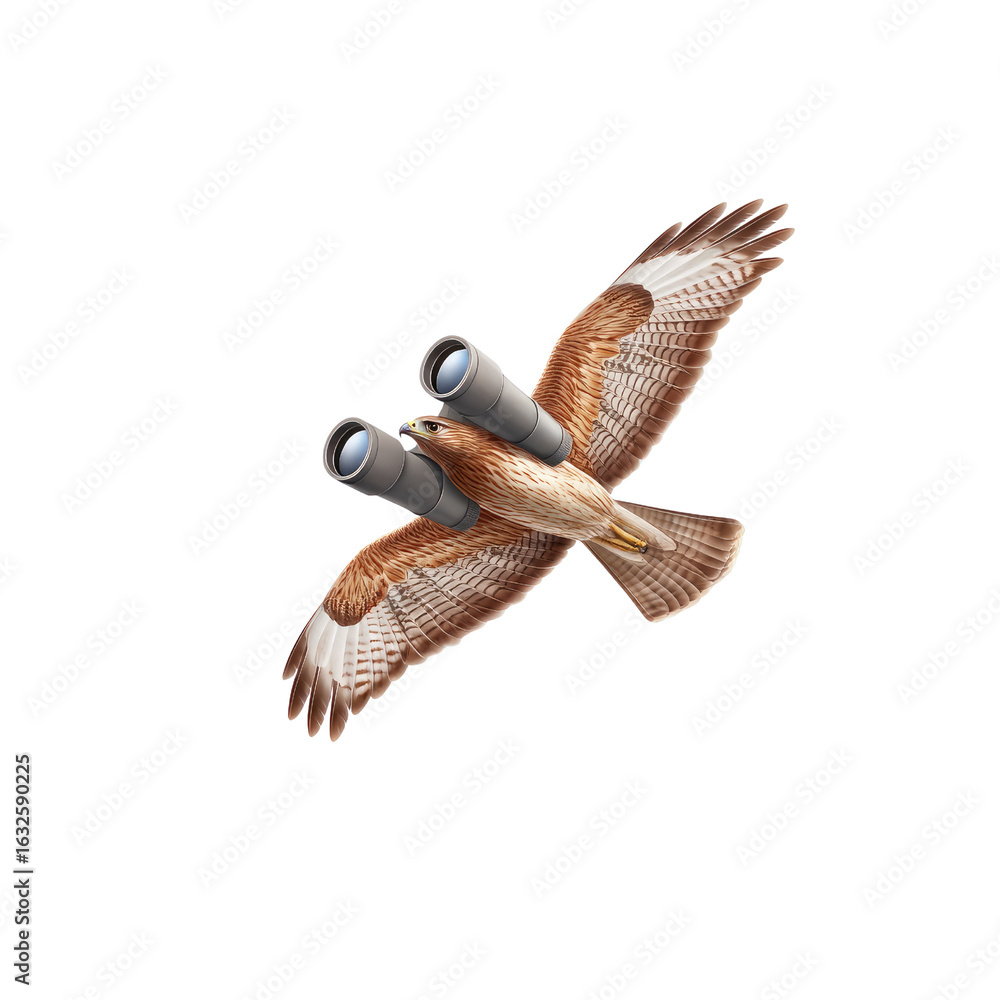 Obraz premium Majestic eagle with binoculars soaring through the sky, representing keen observation and wildlife exploration