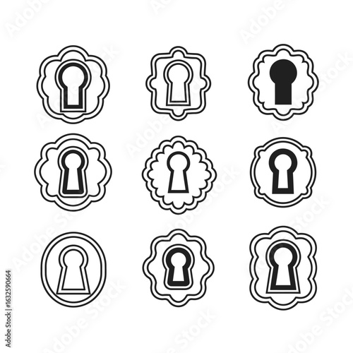 Set of decorative keyhole silhouettes and icons with ornate frames, isolated vector graphic elements.