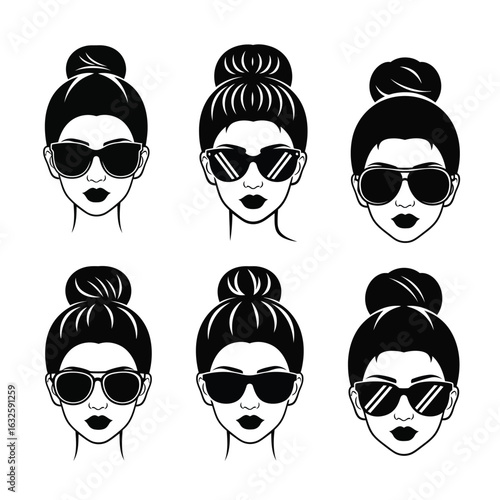 Collection of stylish female portraits with bun hairstyles and sunglasses, a modern fashion vector set