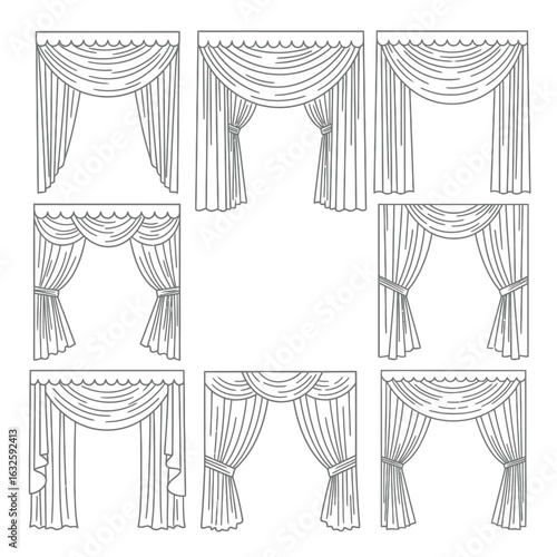 Collection of classic curtain and drape designs in a simple line art illustration style.