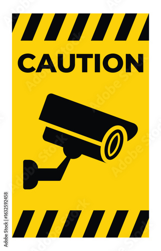 Caution Sign with Security Camera and Warning Stripes for Safety Awareness