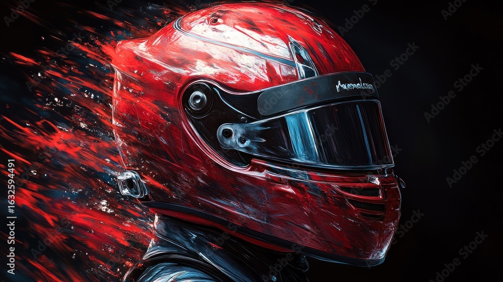 Fototapeta premium Racing helmet, vibrant red, dynamic motion
