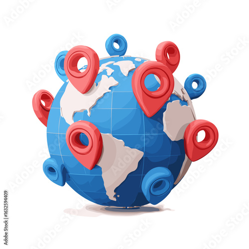 Global map with location pins showcasing diverse geographical points and highlights for navigation and travel