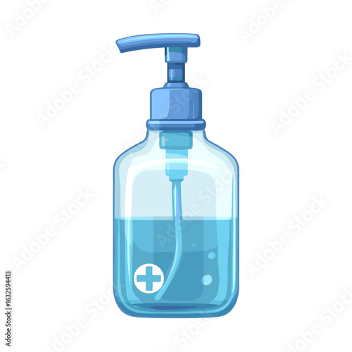 Clear pump bottle filled with blue liquid for sanitizing in health care settings