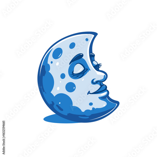 Moon character with playful expression and whimsical details set in a vibrant blue background