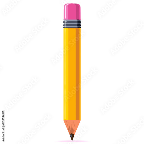 Bright yellow pencil with pink eraser positioned vertically against a white background