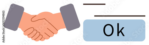 Handshake gesture paired with confirmation button labeled Ok conveys agreement, trust, and approval. Ideal for business, teamwork, negotiation, partnership, contract, decision-making simple flat