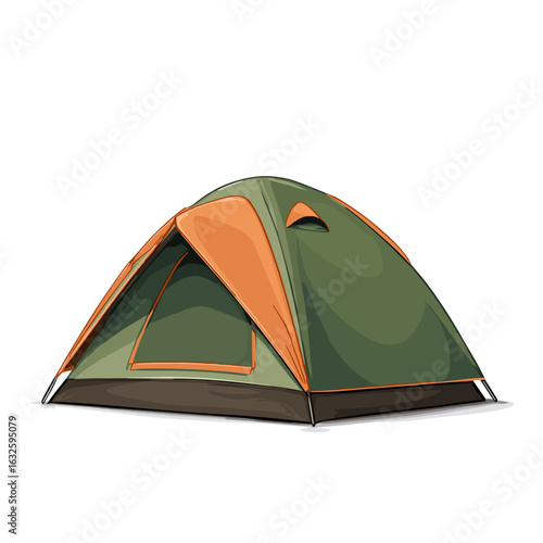 Green and orange camping tent set up in a natural outdoor setting during a bright sunny day