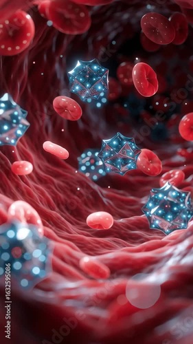 Microscopic view of glucose and insulin molecules in blood vessel, 3D render.  When the body can’t properly regulate blood sugar, it leads to a metabolic disease known as diabetes.
