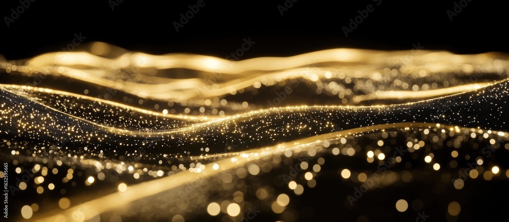 Shimmering Golden Luminous Waves of Sparkling Particles, Elegant Abstract Background Shimmering Golden Luminous Waves of Sparkling Particles, Elegant Abstract Background