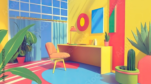 Sun-drenched Modernist Workspace with Vivid Pop Art Colors and Graphic Shadows