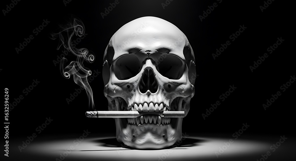 Fototapeta premium A still life image of a skull holding a cigarette, with smoke.
