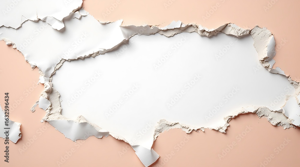 Fototapeta premium Image of torn paper with rough edges revealing a white space, abstract background with copy space