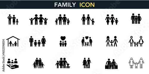 Family Icons Vector Set - People Silhouettes, Parents Children Graphics, Household Symbols, Community Demographics, Social Groups, Relationship Figures, Unity Symbols