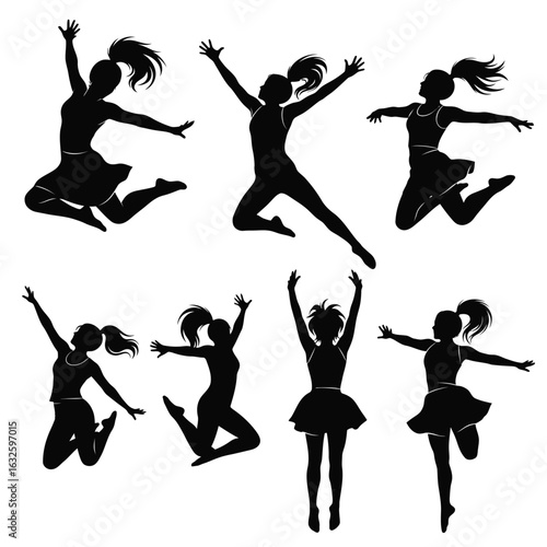 Jump, Cheerleader, and Dancer Silhouettes, Vector Set