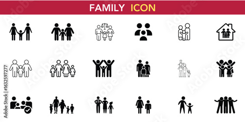 Family Icons Vector Set - People Silhouettes, Parents Children Graphics, Household Symbols, Community Demographics, Social Groups, Relationship Figures, Unity Symbols