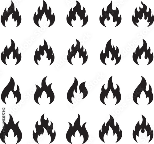 
Set of Different Fire and Flame Silhouettes Vector Icons ,Collection of Black Fire Shapes for Danger and Hot Concepts .Vector Icons of Burning Flames for Power and Energy.