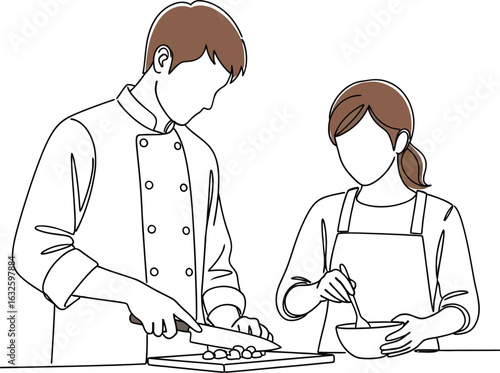 Cooking together chef and woman preparing food culinary illustration