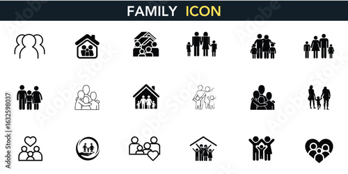 Diverse Family Icon Set: Modern, Minimalist Vectors of Parents, Children & Couples. Perfect for Home, Community, and Relationship-themed Logos and Graphics.