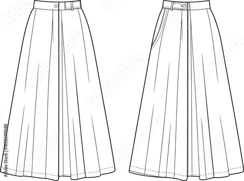 Pleated Skirt Front Zipper Pocket Design, Technical CAD Drawing Vector Illustration