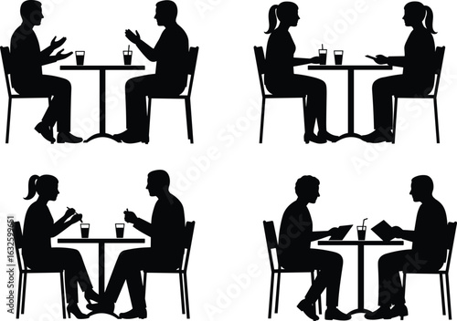 Café interaction vector icon set, silhouettes of people conversing, eating, studying, and browsing in casual table settings, editable illustration pack.