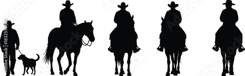 Cowboy silhouettes horseback riding and dog walking icons, Western lifestyle vector set for pet companionship and horse ranch themes.