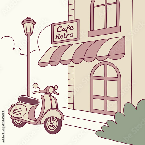 Retro Scooter Near Cafe Vector – Urban Style Vector Art