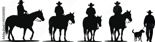 Silhouettes of horseback riders and dog walker, animal companionship in motion, vector icon pack for outdoor activity, editable illustration set.