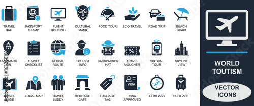 Minimaltourism icon set with travel, vacation, passport, backpack, and map symbols. Perfect for apps, guides, tour websites, UI design, holidays, and global trip themes.
