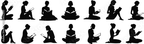 Reading posture silhouette set, people reading book vector, seated positions, cross-legged, expressive poses, minimal design, educational concept illustration