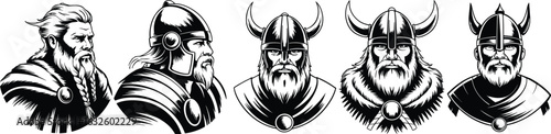 Viking warrior head vector set, horned helmet design, braided hair, fur cloak detail, Norse character illustration, historical graphic artwork