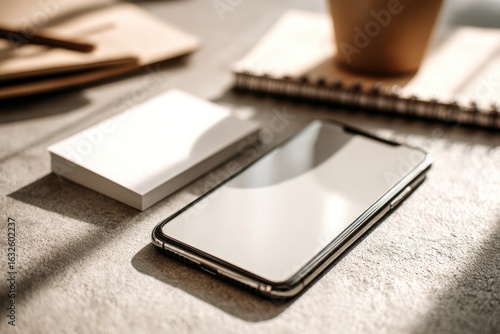 Wallpaper Mural Sleek smartphone with empty screen and business cards on a modern concrete desk. Torontodigital.ca