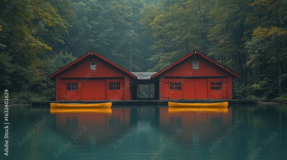 Fototapeta premium Red cabins on a serene lake, misty forest