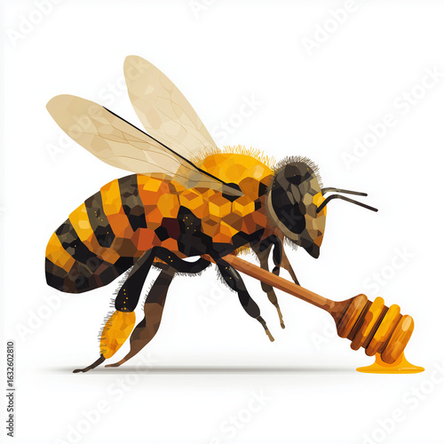 Cute Honeybee Holding Honey Dipper – Flat Icon on White