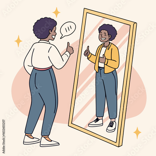 Positive Self-Reflection:  An illustrated individual, beaming with positivity, stands before a mirror, offering a thumbs up and inspiring self-assurance.