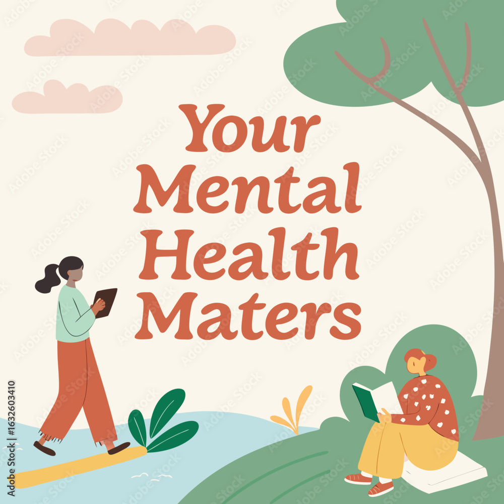 Fototapeta premium Mental Health Awareness: Thought-provoking artwork highlights the importance of mental well-being, featuring diverse individuals engaging in activities that nurture emotional health and resilience.