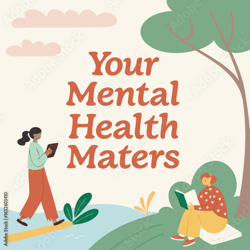 Mental Health Awareness: Thought-provoking artwork highlights the importance of mental well-being, featuring diverse individuals engaging in activities that nurture emotional health and resilience.
