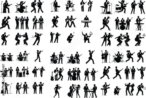 Band Playing Instruments Silhouette Icon Set – Live Music Design Musical Band Silhouette Icon Set – Performance and Concert Art
