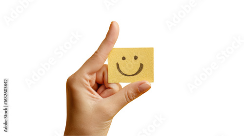 Hand holding yellow sticky note with smiley face isolated on transparent background