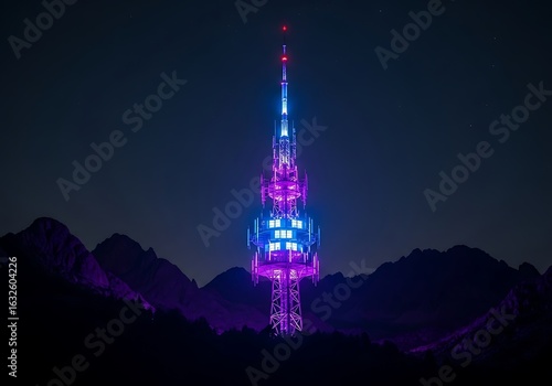 Illuminated communication tower at night against a mountain backdrop.