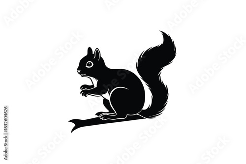 A charming black silhouette of a fluffy tailed squirrel perched on a branch captured in a simple yet expressive artistic style perfect for nature and wildlife themes silhouette