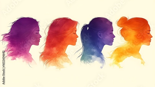 Profile portraits of women, rendered in watercolor style.