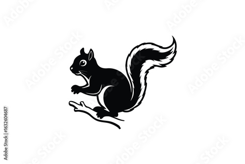 A striking black and white illustration of a bushy tailed squirrel perched on a branch presented in a classic silhouette style perfect for nature and wildlife themes