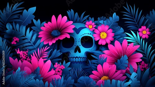 Skull surrounded by vibrant tropical flowers and foliage.