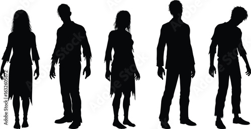 Zombie silhouettes in horror poses, disheveled clothing, eerie stances, undead theme illustration, vector style, editable icons, scary graphic pack.