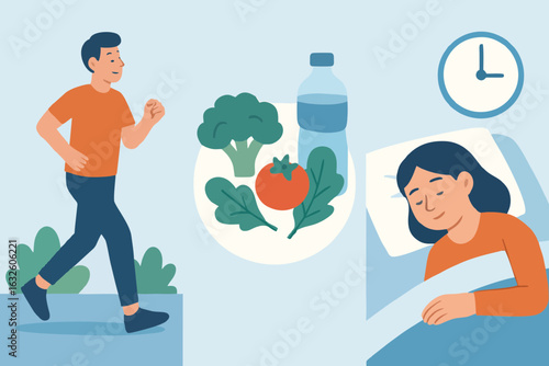 Flat vector illustration of healthy lifestyle concept with exercise, balanced diet, and quality sleep