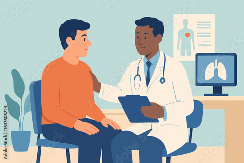 Flat vector illustration of male doctor explaining diagnosis to male patient in medical consultation