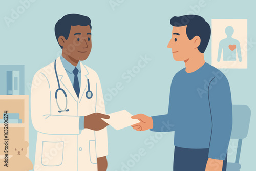 Flat vector illustration of male doctor giving prescription to patient in clinic handshake scene
